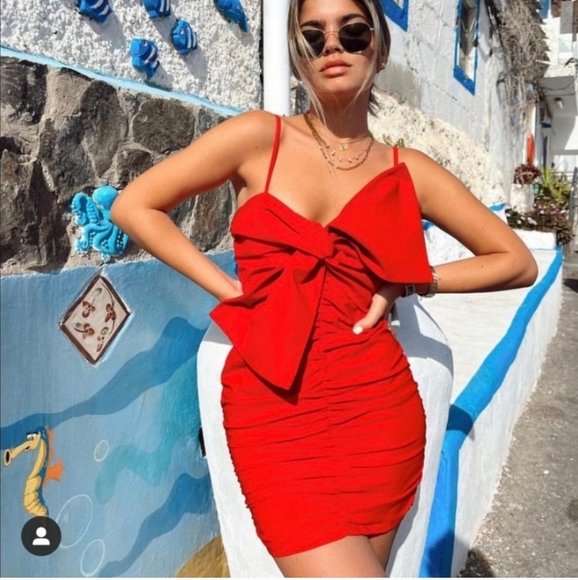 Zara Ruched Bow Red Mini Dress - Picture 5 of 10